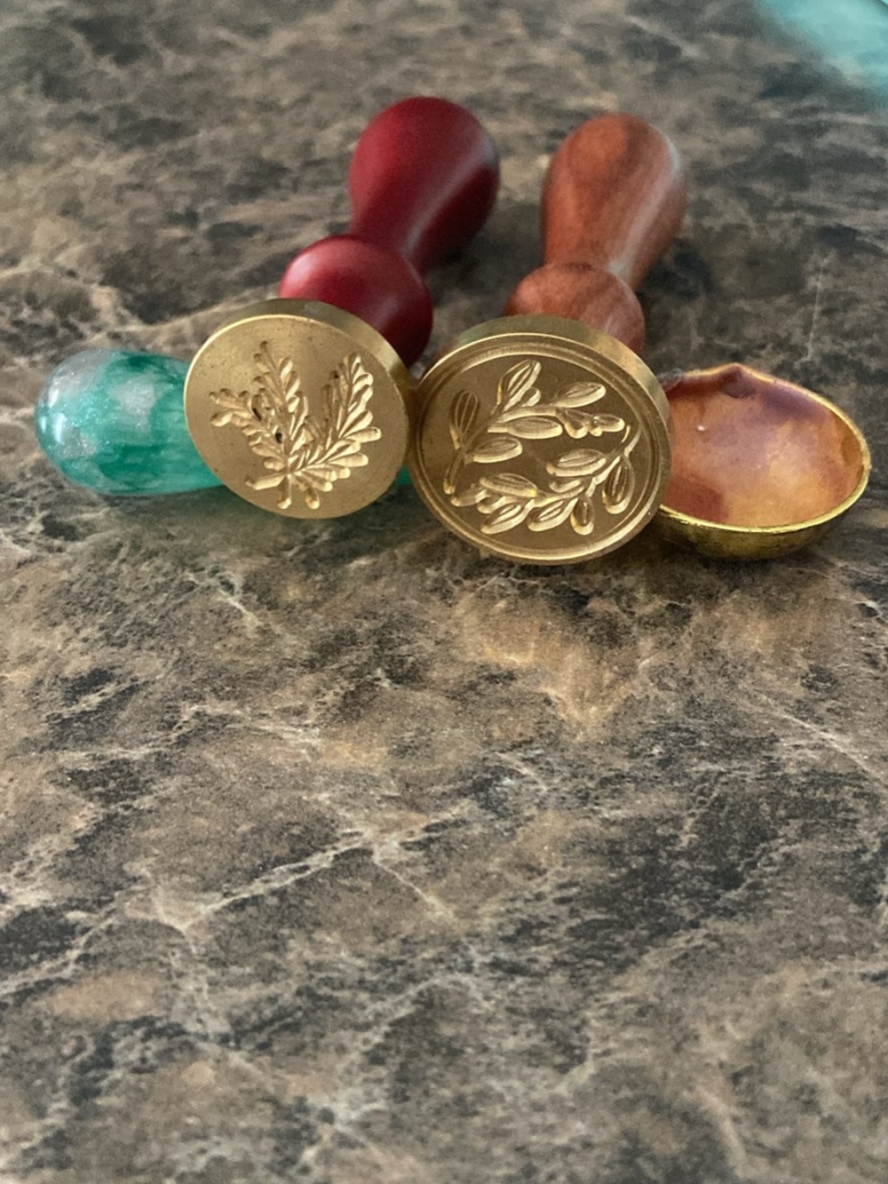 Brass Wax Seal Stamps with Wood Handles - Leaf Motifs in Red and Natural Wood